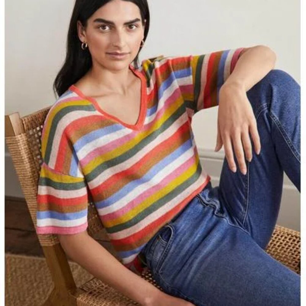 Boden Linen V-Neck Oversized Knit Striped T-Shirt in Hot Coral Rainbow Size 8